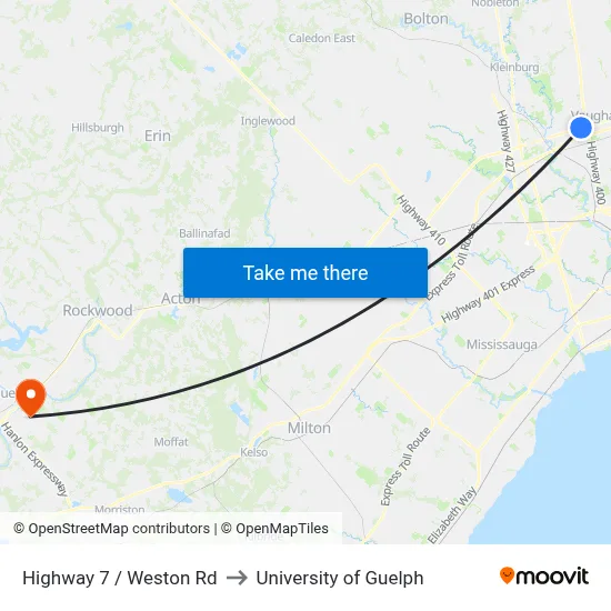 Highway 7 / Weston Rd to University of Guelph map