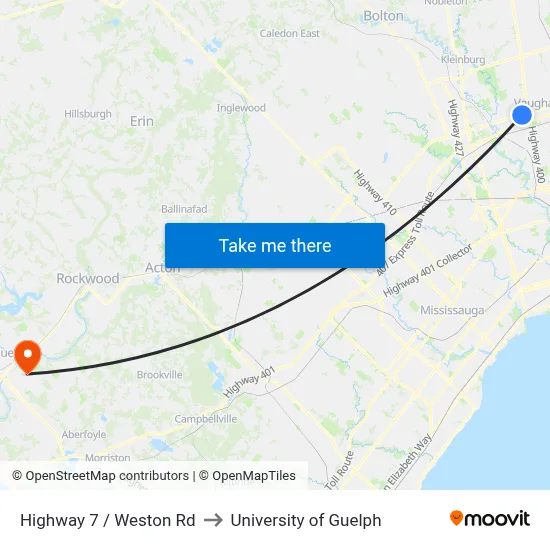 Highway 7 / Weston Rd to University of Guelph map