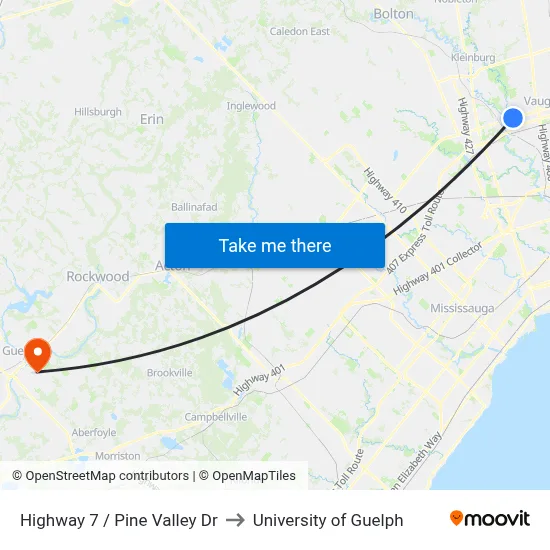 Highway 7 / Pine Valley Dr to University of Guelph map