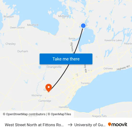 West Street North at Fittons Road East to University of Guelph map