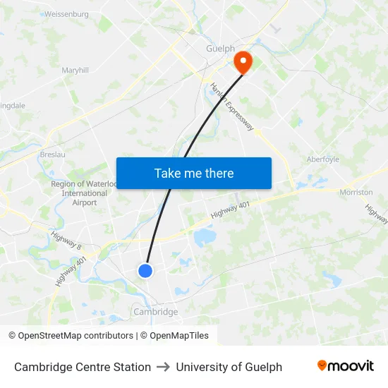 Cambridge Centre Station to University of Guelph map