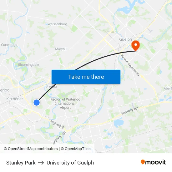 Stanley Park to University of Guelph map