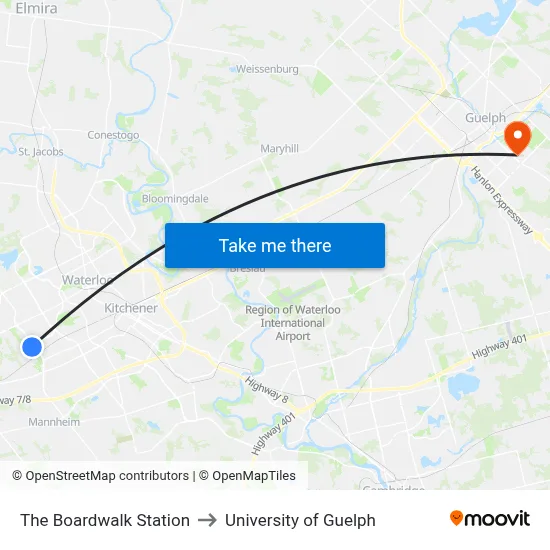 The Boardwalk Station to University of Guelph map
