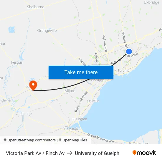 Victoria Park Av / Finch Av to University of Guelph map