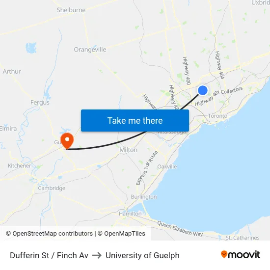 Dufferin St / Finch Av to University of Guelph map
