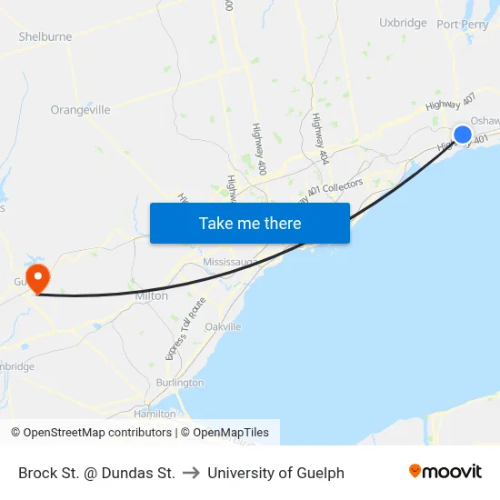 Brock St. @ Dundas St. to University of Guelph map