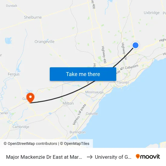 Major Mackenzie Dr East at Markham Rd to University of Guelph map