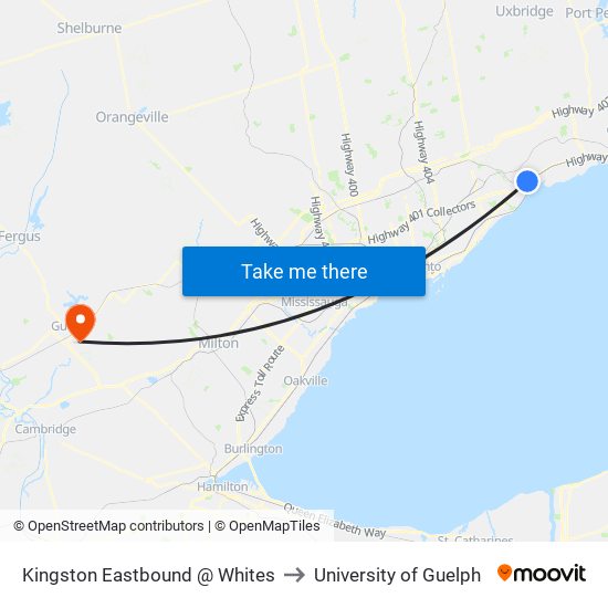 Kingston Eastbound @ Whites to University of Guelph map