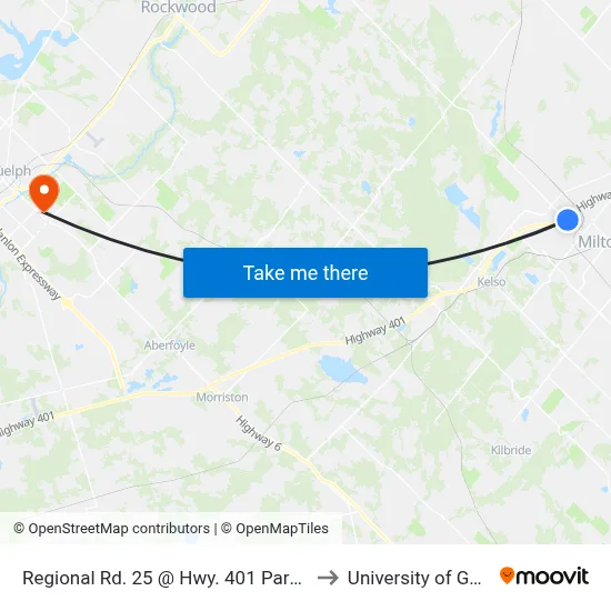 Regional Rd. 25 @ Hwy. 401 Park & Ride to University of Guelph map