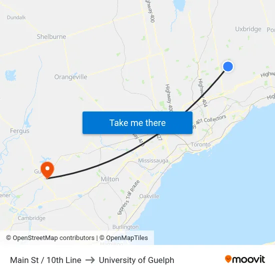 Main St / 10th Line to University of Guelph map
