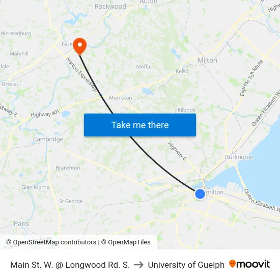 Main St. W. @ Longwood Rd. S. to University of Guelph map