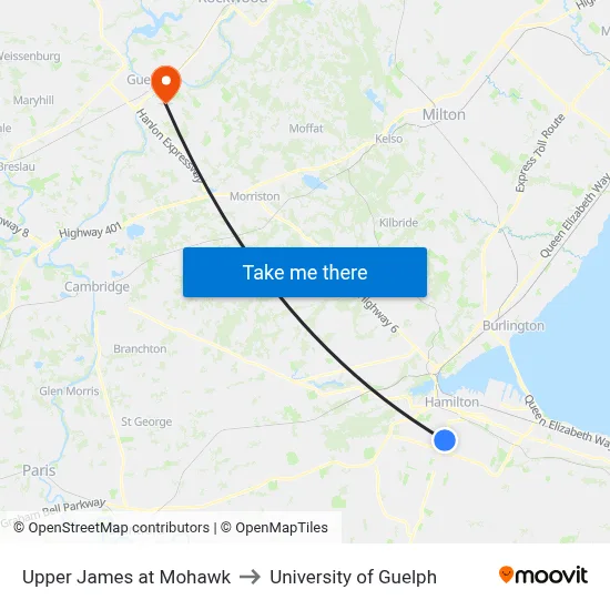 Upper James at Mohawk to University of Guelph map