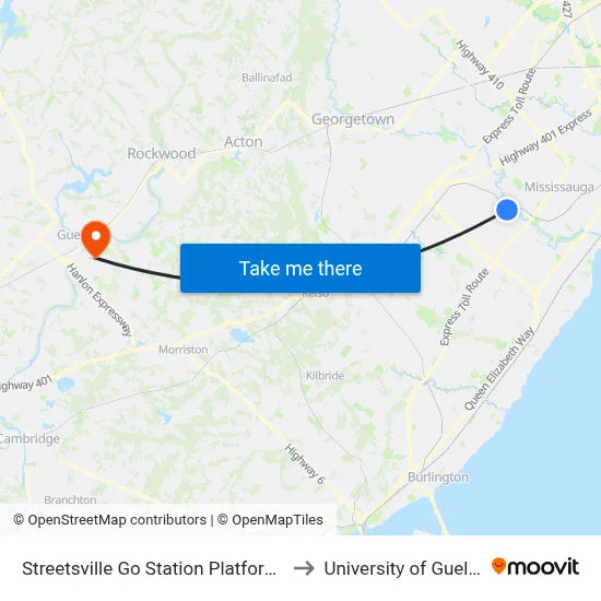 Streetsville Go Station Platform 3 to University of Guelph map