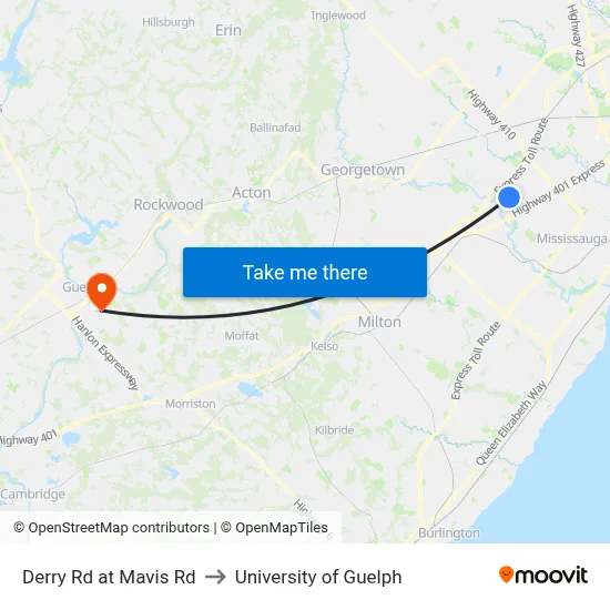 Derry Rd at Mavis Rd to University of Guelph map