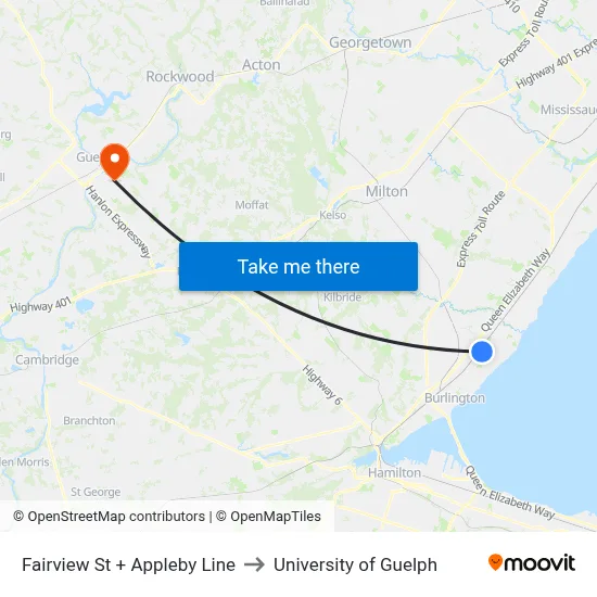 Fairview St + Appleby Line to University of Guelph map