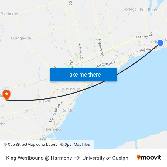 King Westbound @ Harmony to University of Guelph map