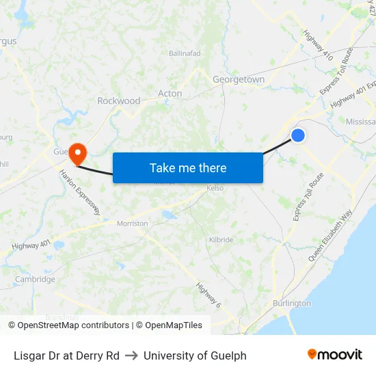 Lisgar Dr at Derry Rd to University of Guelph map