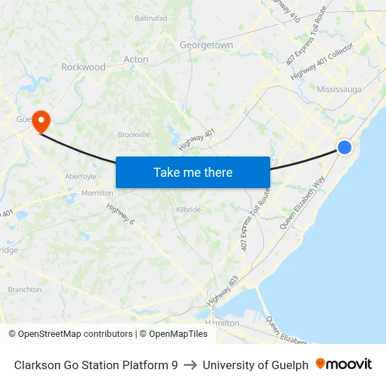 Clarkson Go Station Platform 9 to University of Guelph map