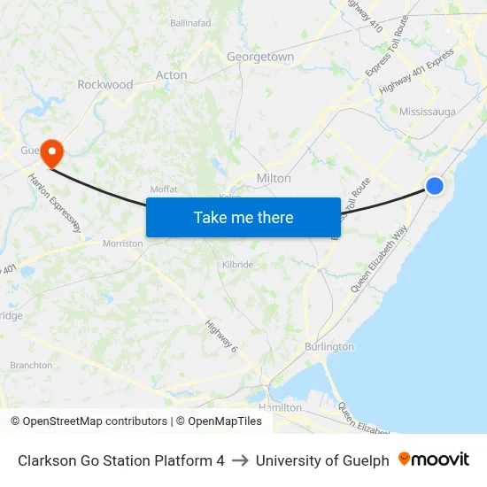 Clarkson Go Station Platform 4 to University of Guelph map