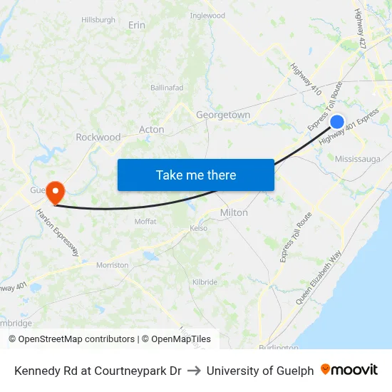 Kennedy Rd at Courtneypark Dr to University of Guelph map