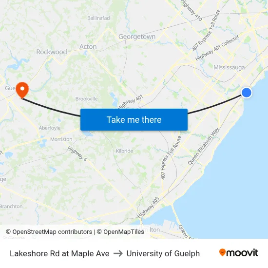 Lakeshore Rd at Maple Ave to University of Guelph map