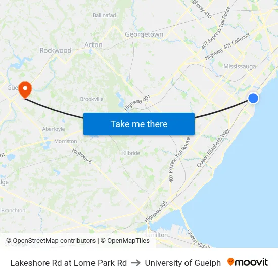 Lakeshore Rd at Lorne Park Rd to University of Guelph map