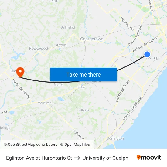 Eglinton Ave at Hurontario St to University of Guelph map