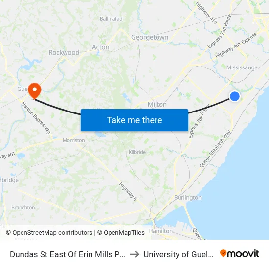 Dundas St East Of Erin Mills Pky to University of Guelph map