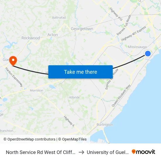North Service Rd West Of Cliff Rd to University of Guelph map