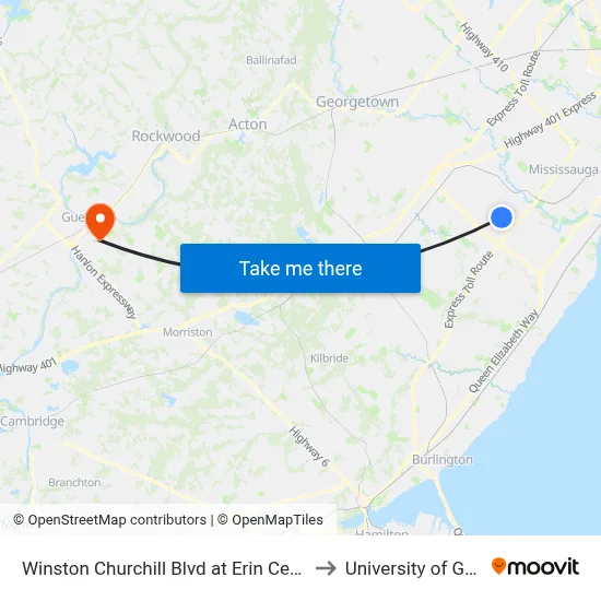 Winston Churchill Blvd at Erin Centre Blvd to University of Guelph map