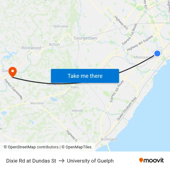 Dixie Rd at Dundas St to University of Guelph map