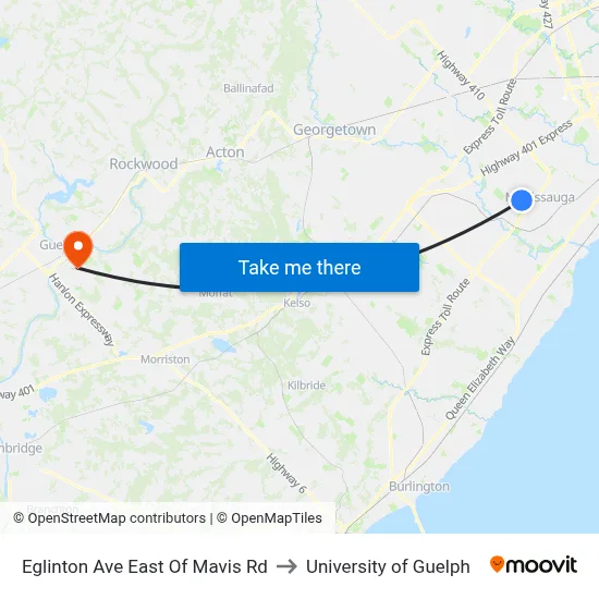 Eglinton Ave East Of Mavis Rd to University of Guelph map