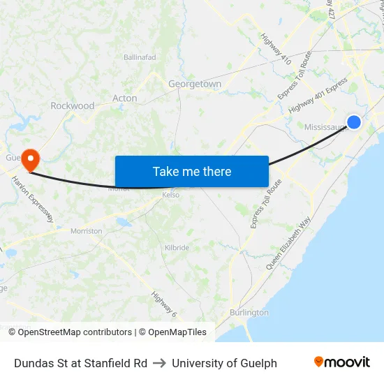 Dundas St at Stanfield Rd to University of Guelph map