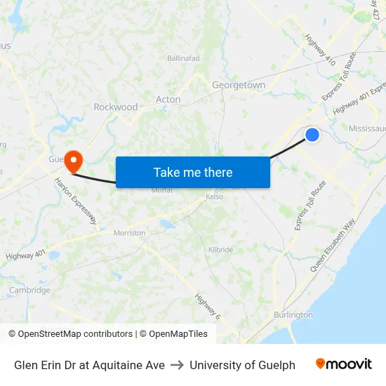 Glen Erin Dr at Aquitaine Ave to University of Guelph map