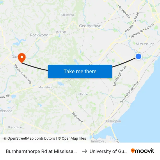 Burnhamthorpe Rd at Mississauga Rd to University of Guelph map