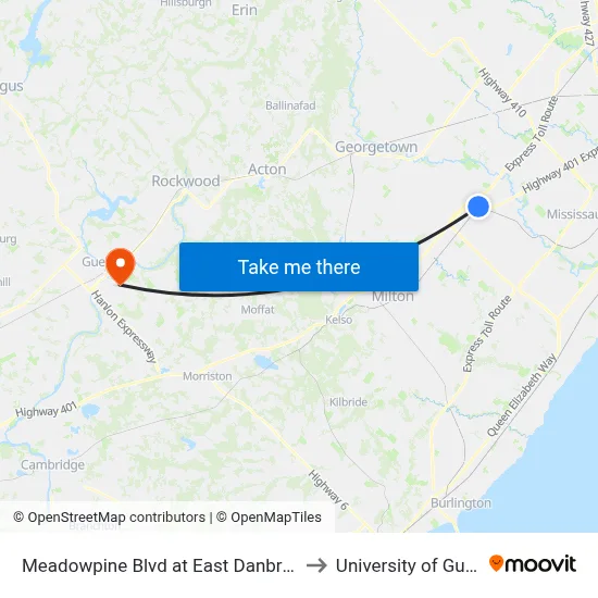Meadowpine Blvd at East Danbro Cres to University of Guelph map