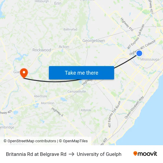 Britannia Rd at Belgrave Rd to University of Guelph map