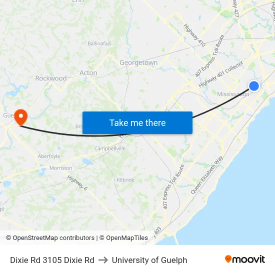 Dixie Rd 3105 Dixie Rd to University of Guelph map