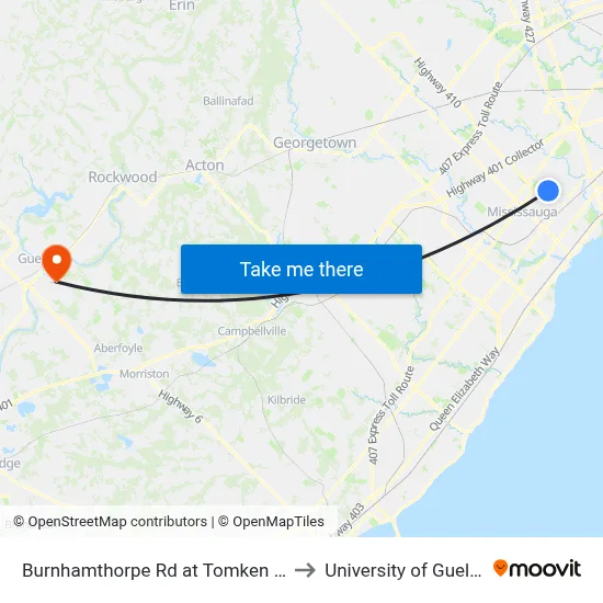 Burnhamthorpe Rd at Tomken Rd to University of Guelph map