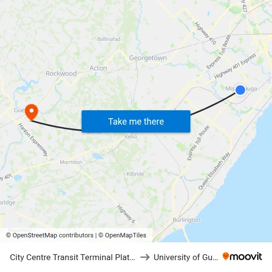 City Centre Transit Terminal Platform G to University of Guelph map