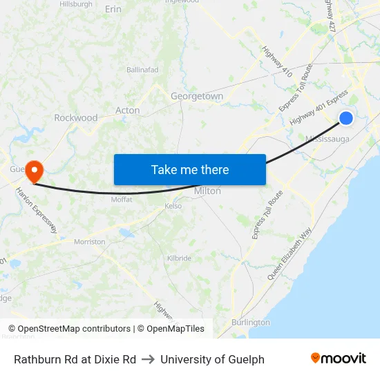 Rathburn Rd at Dixie Rd to University of Guelph map
