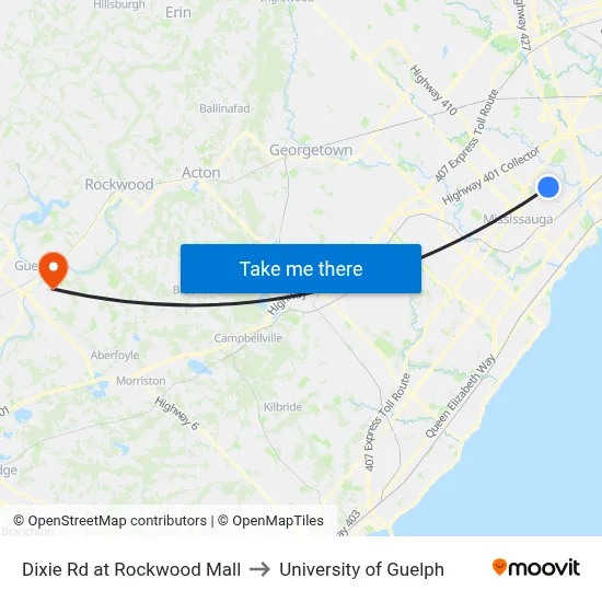 Dixie Rd at Rockwood Mall to University of Guelph map