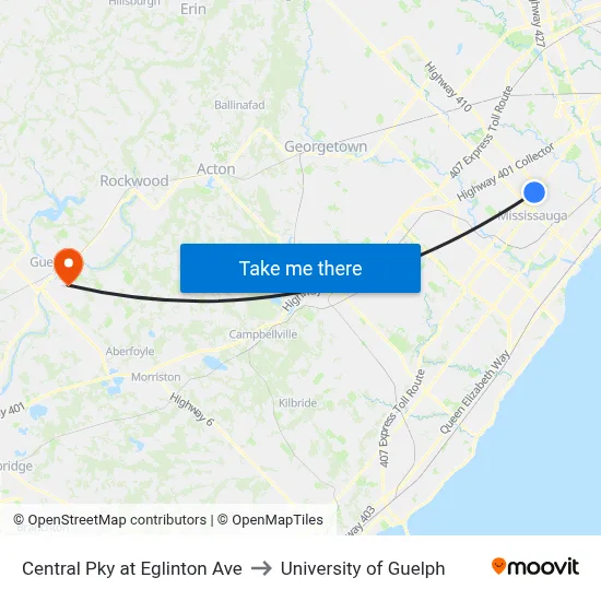 Central Pky at Eglinton Ave to University of Guelph map