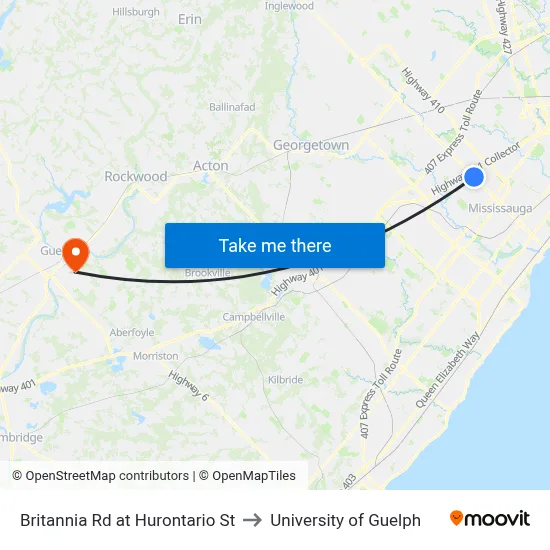 Britannia Rd at Hurontario St to University of Guelph map