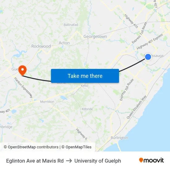 Eglinton Ave at Mavis Rd to University of Guelph map
