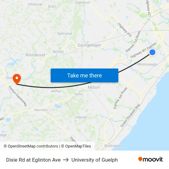 Dixie Rd at Eglinton Ave to University of Guelph map