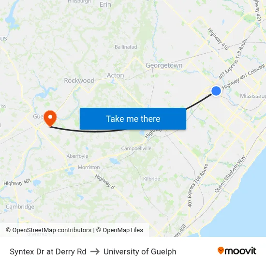 Syntex Dr at Derry Rd to University of Guelph map