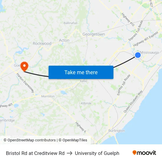Bristol Rd at Creditview Rd to University of Guelph map