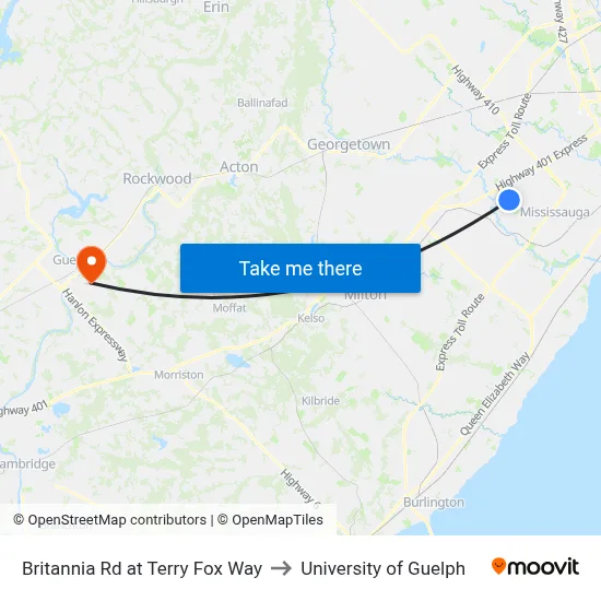 Britannia Rd at Terry Fox Way to University of Guelph map