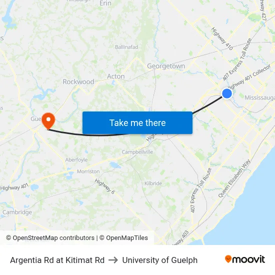Argentia Rd at Kitimat Rd to University of Guelph map